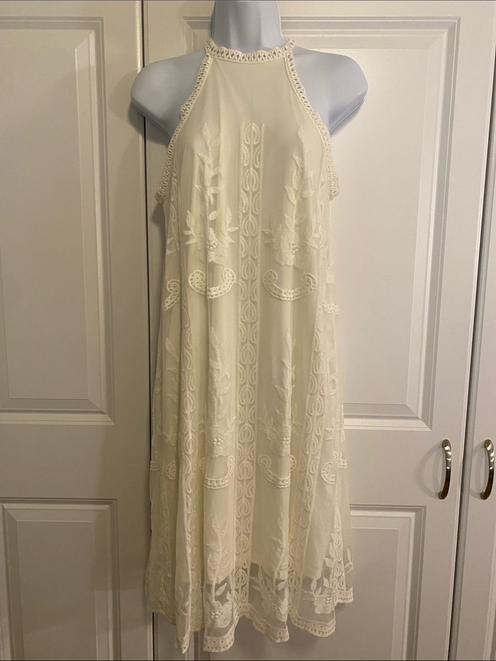 Ivory Halter Midi Dress with Lace Embroidery